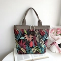 Floral canvas tote bag with wooden button closure and colorful leaf print design - Style 4 (Black Leaf)