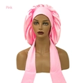 Pink satin bonnet for women featuring an extra-large wide elastic band and long ribbon straps - Extra Large / Pink