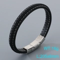 Bracelet en cuir tressé noir pour homme avec couture blanche et fermoir magnétique - Petit Double Fermoir en Acier (KB205363-JR)