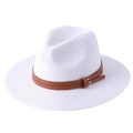 White woven Panama sun hat for women featuring a brown leather band and metal buckle - M (56-58cm) / Pure White