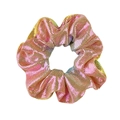 Detail of pink and gold gradient laser scrunchie with shiny polka dots and metallic texture - Metallic Holographic / Pink To Light Gold Gradient
