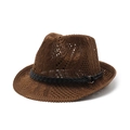 Breathable coffee knit fedora hat with a black leather band and hollow mesh pattern - M (56-58cm) / Coffee