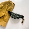 Kids plaid crossbody bag in black green and cream yellow with adjustable strap - Green