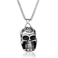 Silver punk skull head pendant necklace with sturdy link chain on white background - 3D Skull Head
