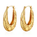 Golden titanium steel oval earrings featuring embossed Greek Greca pattern details - Gold (MS-139)