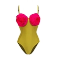 Olive green one-piece swimsuit featuring 3D magenta rose flower accents and thin straps - S / Single Green Spaghetti Strap One-Piece