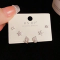 Three-pair silver stud earring set with star, leaf, and round zircon designs on a card - Silver-Flower Leaf Set (86#)