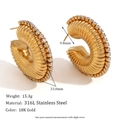 Ribbed 18K gold plated stainless steel hoop earrings with sparkling zircon accents - Rhinestone Edged Ribbed 30mm Hoops-Gold