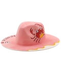 Detail of pink straw fedora with crab embroidery, Apostle print and wave edge pattern - Pink Crab Embroidery Letter Style(8)