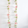 Vertical hanging pink artificial rose vine with realistic silk petals and green foliage - Single Piece / Pink