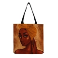Detailed close-up of reusable canvas tote bag featuring an artistic African woman portrait - Afro Lady Portrait-Yellow Turban