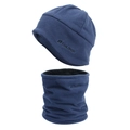 Detailed view of navy blue fleece hat and neck warmer set with embroidered logo - Hat + Neck Gaiter 2-Piece Set / Navy Blue