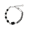 Hip-Hop-Armband aus Titanstahl mit Natursteinperlen und Diamantbesatz - Verstellbare Kettenlänge 24cm / Silber/Schwarz/Weiß