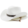 Cappello da cowboy in paglia bianca con fascia borchiata marrone e cinturino sottogola - M(56-58cm) / Bianco Puro