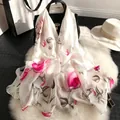Elegant long white silk scarf for women featuring pink floral rose print patterns - 90*180cm / White