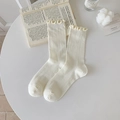 White ruffle trim crew socks in ribbed knit style for a minimalist ballet aesthetic - One Size / Cream