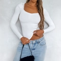 Women's Y2K white ribbed long sleeve top with lace trim square neck and slim fit - S / White
