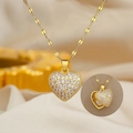 Golden heart locket necklace with sparkling zircon and hidden pearl inside on silk - Openable Heart Pearl Pendant / Gold