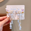 Pair of blue flower hair clips with long tassels and pearls for Hanfu costumes - Blue Pearl Flower Clips