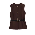 Brown sleeveless vest with gold buttons and black leather belt on white background - XS / Coffee
