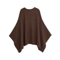 Deep brown knit poncho wrap with batwing sleeve design and minimalist crew neck style - M / Coffee