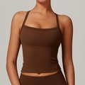 Dark brown high-stretch brushed yoga tank top with thin halter straps and square neck - S / Tops / Chocolate Brown