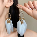 Detail of bohemian gold leaf earrings with white feathers and rhombus metal design - Rhombus Geometric Hollow Style (4#)