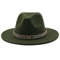 Detailed view of dark green wool fedora with a colorful geometric woven decorative band - M (56-58cm) / Ethnic Jazz Hat / Army Green