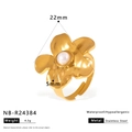 Detail of 22mm gold flower ring in stainless steel with a 5mm white pearl centerpiece - Five-Petal Flower Pearl Style (NB-R24384)