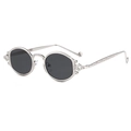 Punk style oval sunglasses with silver metal frame and intricate scrolled vine carvings - Silver Frame Grey Lens