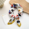 Silk-feel square scarf featuring colorful cat prints and a bright yellow border - Cat Print Beige
