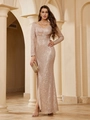 Elegante avondjurk met lovertjes, V-hals, lange mouwen en zijsplit in champagne goud - S / Champagne