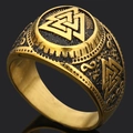 Anillo Vikingo Valknut dorado con runas nórdicas grabadas y triángulos entrelazados - US 8 / Dorado