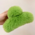 Detail of bright green faux fur hair claw clip with fluffy pompom decorative texture - Small (13cm) / Moss Green