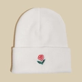 White knit beanie for men and women featuring red rose embroidery on folded cuff - Embroidered Rose with Leaves - White