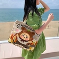 Beige canvas tote bag featuring cute cartoon bear print and large capacity design - Chocolate Bear