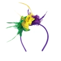 Purple, gold and green Mardi Gras feather headband with mesh flower for festival parties - Tri-color Feather Headband