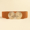 Detail of brown elastic corset belt featuring a textured gold double ring metal buckle - Camel