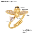 Macro view of gold bee ring with zircons, pink heart stone and oil drip finish - Gold Bee Ring - Size 7 (TXA147)