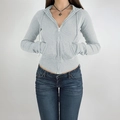 Short slim fit light grey knitted zip-up hoodie for women with hood and front pockets - S / Mixed Grey