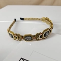 Detail of vintage Baroque headband with grey crystals and woven antique gold metal wire - Square Gemstone Black