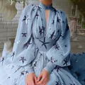 Sequin starfish pattern chiffon maxi dress with lantern sleeves and a high neckline - Light Blue