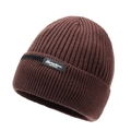 Brown ribbed knit beanie with ear protection and a black brand label for winter warmth - Coffee