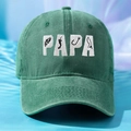 Close-up of PAPA fishing embroidery on washed green cotton baseball cap - One Size / Dark Green