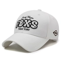 White cotton baseball cap with black letter embroidery and stiff crown structure - White