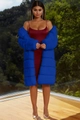 Long faux fur coat in vibrant blue styled over a dark red silk slip dress for women - Blue