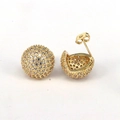 Detailed view of gold plated spherical stud earrings with micro paved clear cubic zirconia - Gold Single Ball