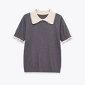 Top in maglia grigio scuro con colletto Peter Pan bianco e dettagli in pizzo delicato - S / Grigio