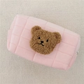 Pink quilted plush makeup bag with a cute 3D brown teddy bear embroidery detail - Pink (Coffee Bear)