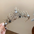 Vintage bronze tiara with pearl and crystal details for weddings and parties - 13# Headband - Black Rhinestone Pearl Branch Style